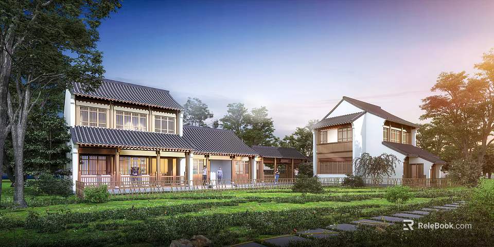 Ancient Chinese Architecture with Traditional Tiled Roofs Courtyard and Lush Greenery 3d model 