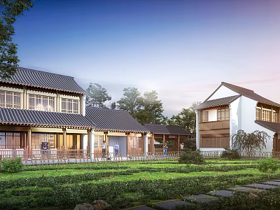 Ancient Chinese Architecture with Traditional Tiled Roofs Courtyard and Lush Greenery 3d model