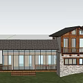 Wooden Detached Villa With Large Glass Windows Balcony Sloped Roof And Surrounded By Green Trees