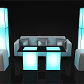 Modern Sofa and Coffee Table Set With Illuminated Blue Pillars And Gray Ottomans 3d model