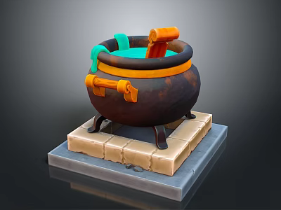 Decorative Household Cauldron Black With Orange Accents Brick Base Metal Handles Green Red Items Inside 3d model