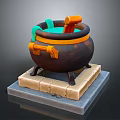 Decorative Household Cauldron Black With Orange Accents Brick Base Metal Handles Green Red Items Inside