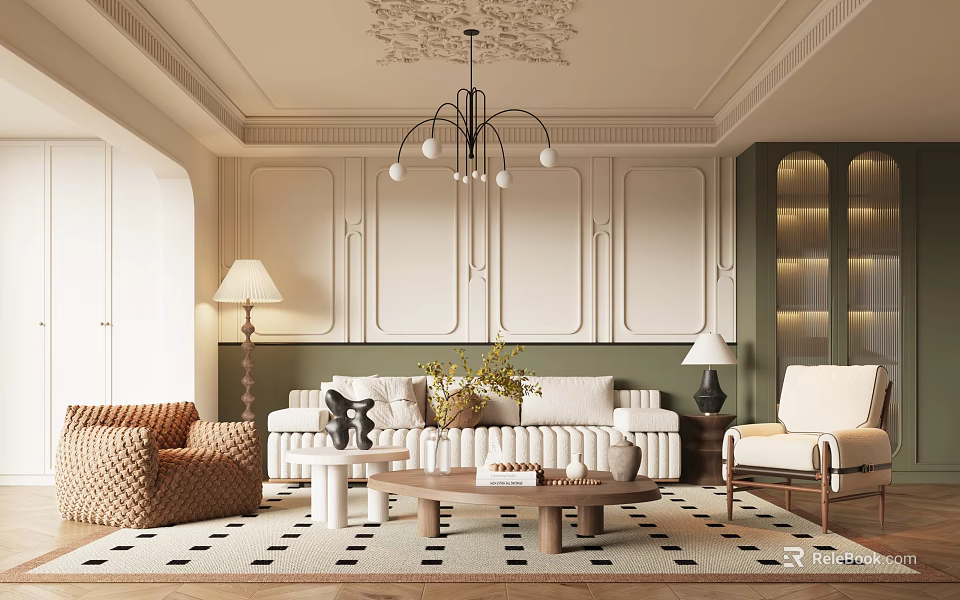 Elegant Modern Living Room Interior With White Sofa Coffee Table Chandelier And Wall Paneling 3d model 