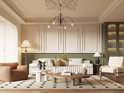 Elegant Modern Living Room Interior With White Sofa Coffee Table Chandelier And Wall Paneling 3d model