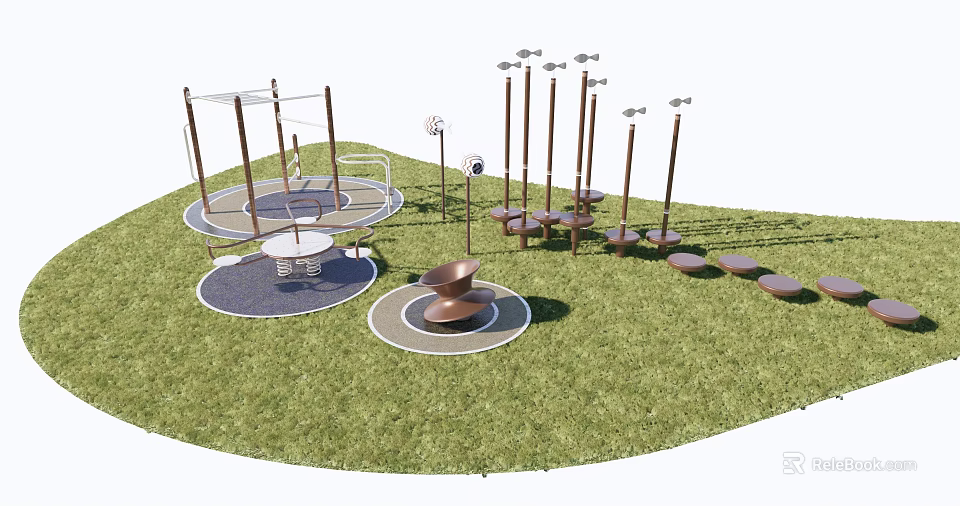 Outdoor Sports Equipment Featuring Circular Rotating Structures And Pole Seating Areas 3d model 