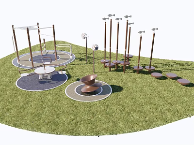 Outdoor Sports Equipment Featuring Circular Rotating Structures And Pole Seating Areas 3d model