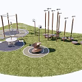 Outdoor Sports Equipment Featuring Circular Rotating Structures And Pole Seating Areas