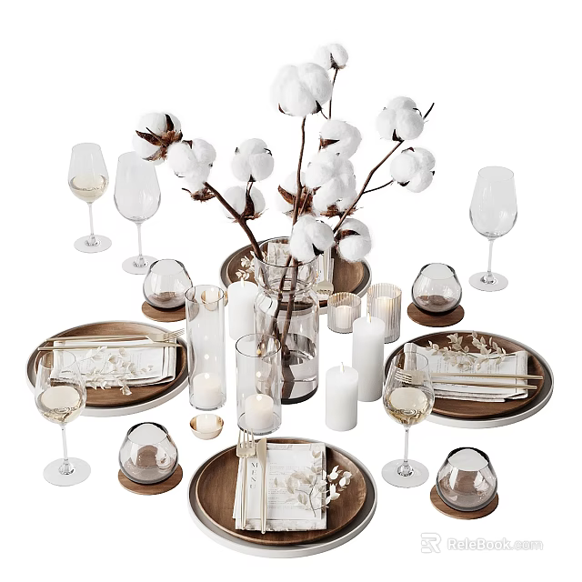 Elegant Tableware Set With Cotton Branches Candles And Wine Glasses 3d model 