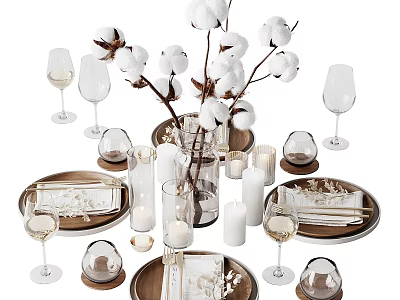 Elegant Tableware Set With Cotton Branches Candles And Wine Glasses 3d model