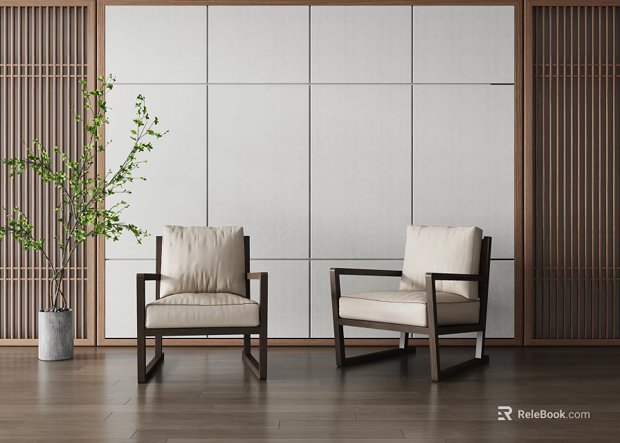 Minimalist Japanese Single Armchair With Wooden Frame Beige Cushion And Green Plant 3d model 