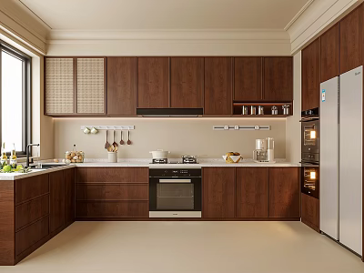 Classic Wooden Kitchen With Brown Cabinets Stainless Steel Appliances And Large Window 3d model