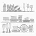 Stylish Dinnerware Set with Cups Plates Knives Glasses on Wooden Shelves