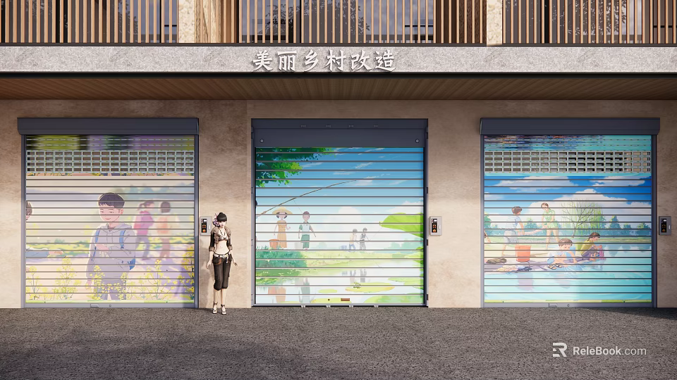 Beautiful Countryside Renovation Building With Colorful Mural Roller Shutter Doors And Person 3d model 
