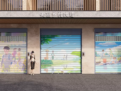 Beautiful Countryside Renovation Building With Colorful Mural Roller Shutter Doors And Person 3d model
