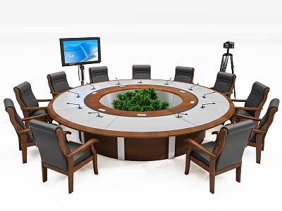 Modern Round Wooden Conference Table With Surrounding Chairs And Central Green Plant 3d model