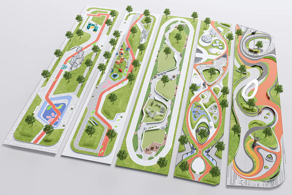 Park Landscape Planning Featuring Various Layouts Paths Green Spaces And Curved Walkways 3d model 