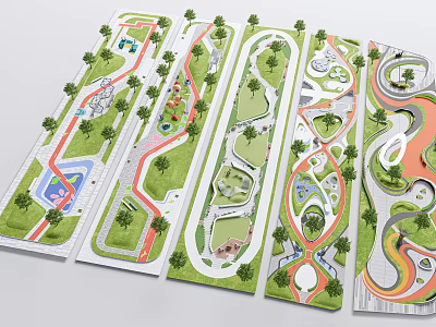 Park Landscape Planning Featuring Various Layouts Paths Green Spaces And Curved Walkways 3d model