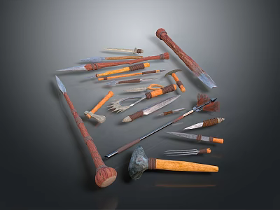 Assorted Hand Tools Collection With Wooden Handles And Various Metal Parts Shapes 3d model