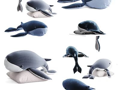 Cute Blue Gray Whale Plush Toys with Soft Texture and Various Poses 3d model
