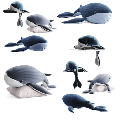 Cute Blue Gray Whale Plush Toys with Soft Texture and Various Poses 3d model