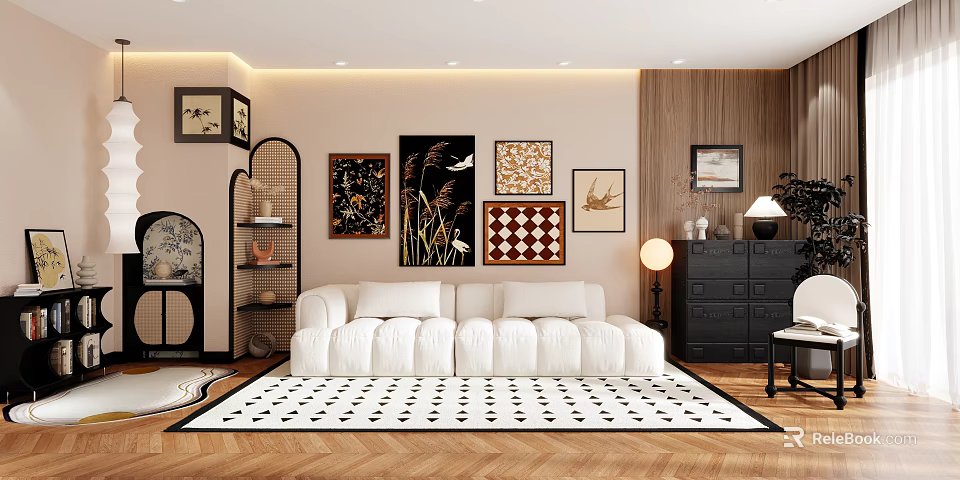 Stylish Living Room Interior With White Sofa Decorative Wall Art Wooden Floor And Patterned Rug 3d model 