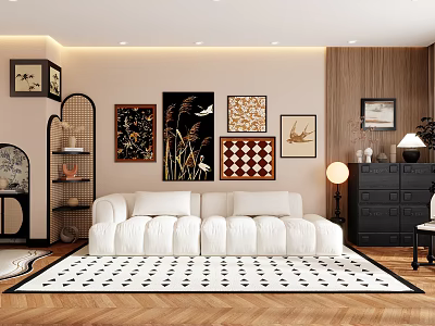 Stylish Living Room Interior With White Sofa Decorative Wall Art Wooden Floor And Patterned Rug 3d model