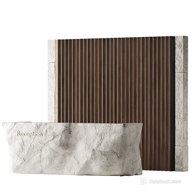 Elegant Reception Desk With Vertical Wooden Panel Backdrop And Stone Countertop 3d model 