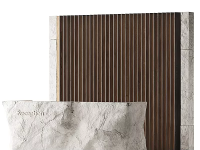 Elegant Reception Desk With Vertical Wooden Panel Backdrop And Stone Countertop 3d model