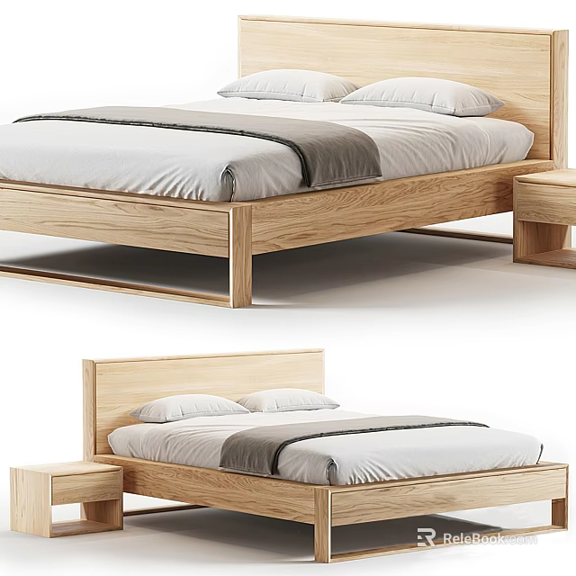 Modern Wooden Double Bed With Headboard Nightstand Bed Sheets And Pillows 3d model 