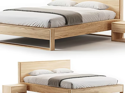 Modern Wooden Double Bed With Headboard Nightstand Bed Sheets And Pillows 3d model
