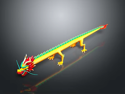 Colorful Dragon With Yellow Body Green Spine Red Head Whiskers Claws On Black Background 3d model