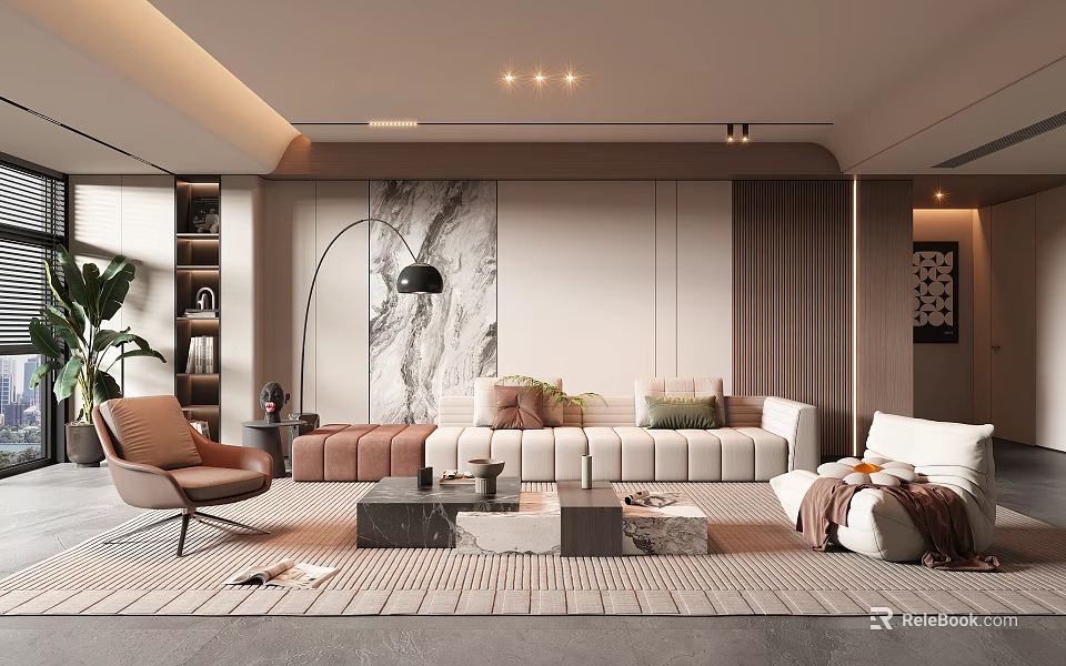 Modern Living Room Interior Design With White Sofa Marble Coffee Table And Floor Lamp 3d model 
