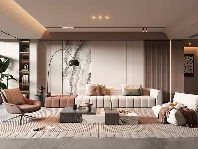 Modern Living Room Interior Design With White Sofa Marble Coffee Table And Floor Lamp 3d model