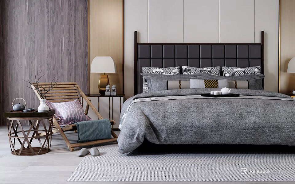 Double Bed With Dark Headboard Gray Bedding Wicker Chair Purple Pillow Nightstand Lamp Gray Rug 3d model 