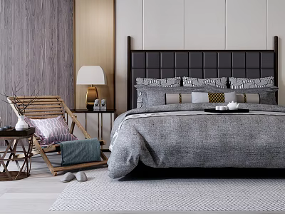 Double Bed With Dark Headboard Gray Bedding Wicker Chair Purple Pillow Nightstand Lamp Gray Rug 3d model