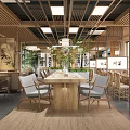 Elegant Traditional Chinese Restaurant With Wooden Furniture Grille Partitions Green Plants And Ink Paintings