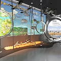 Contemporary Exhibition Space With Circular Screens Showing Natural Scenes Swans Insects And Metal Stands