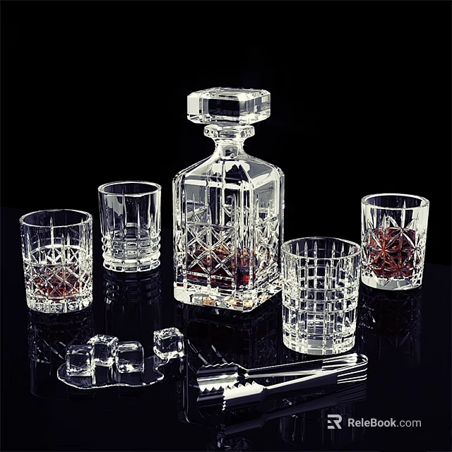 Elegant Crystal Glassware Set With Decanter Tumblers Ice Cubes And Tongs 3d model 