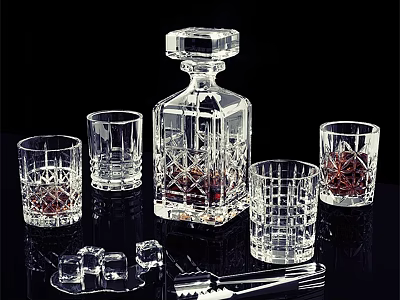 Elegant Crystal Glassware Set With Decanter Tumblers Ice Cubes And Tongs 3d model