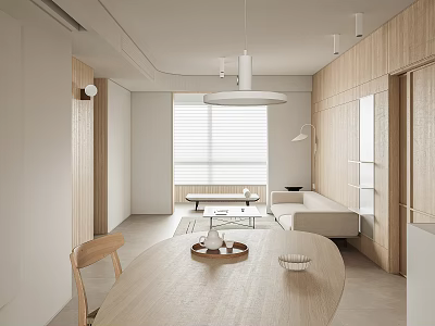 Minimalist Modern Living And Dining Room Interior With Wooden Furniture Sofa And Pendant Light 3d model