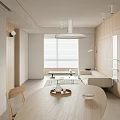 Minimalist Modern Living And Dining Room Interior With Wooden Furniture Sofa And Pendant Light