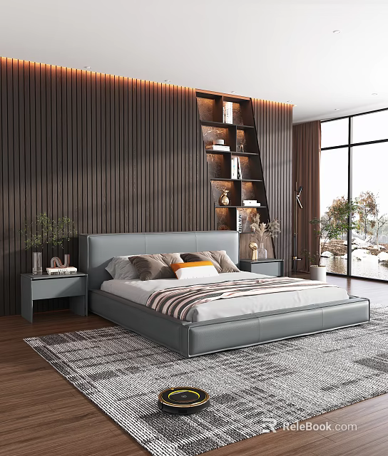 Modern Double Bed with Wooden Panel Wall Built-in Bookshelf Nightstand and Green Plants 3d model 