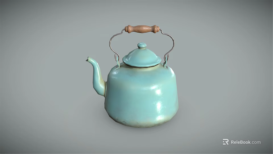 Light Blue Electric Kettle With Wooden Handle And Metal Loop Design 3d model
