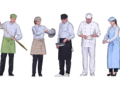 Multiple Kitchen Staff Wearing Chef Hats And Aprons Holding Cooking And Cleaning Tools 3d model