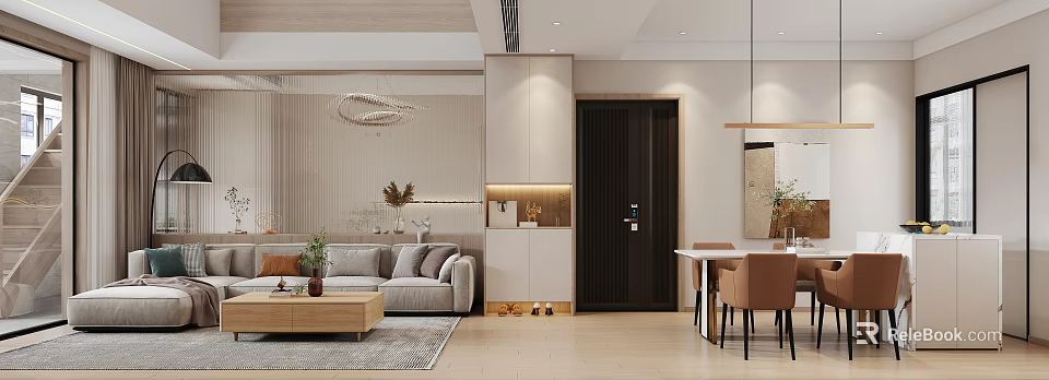 Modern Living And Dining Room Interior Design With Sofa Coffee Table Dining Table And Chairs 3d model