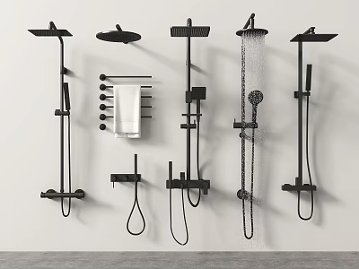 Various Black Shower Systems With Overhead Handheld And Towel Bar Designs 3d model