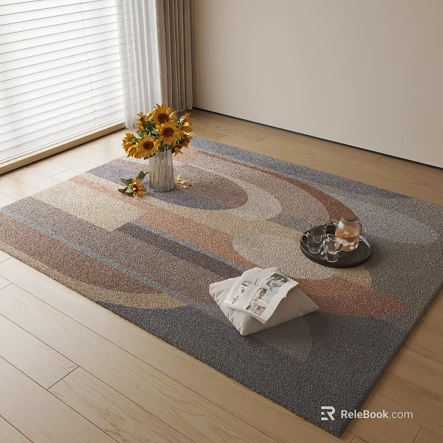 Square Area Rug on Wooden Floor with Sunflower Vase Tray and Magazine Near Window Blinds 3d model 