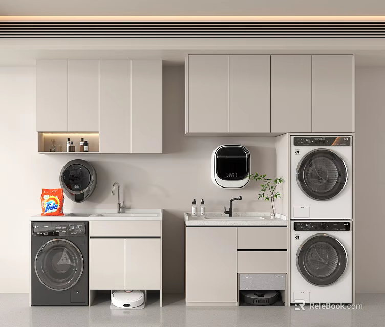Modern Laundry Room Interior With Washing Machines Dryers Sink Countertop And Cabinets 3d model 