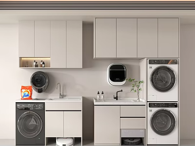Modern Laundry Room Interior With Washing Machines Dryers Sink Countertop And Cabinets 3d model