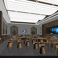 Bright Spacious School Cafeteria With Round Tables Stools TV Screen Wooden Wall Decor And Windows
